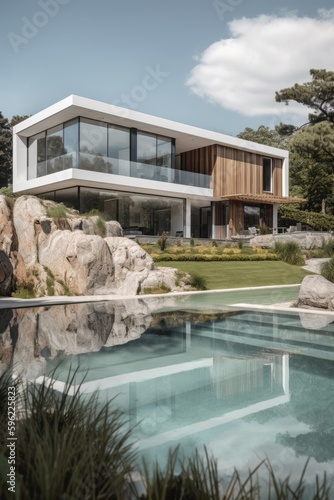 Contemporary Haven - A Modern House with a Stunning Pool. Gen AI © Sparrowski
