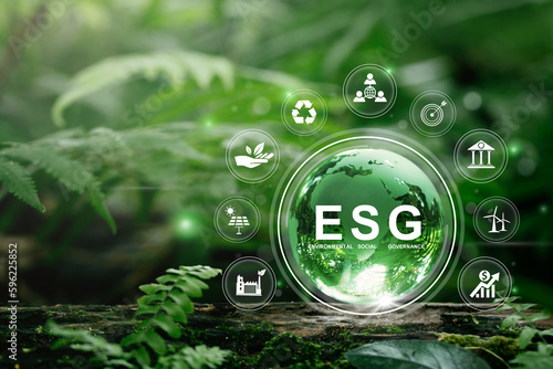 ESG concept of environmental, social and governance. Globe Glass with ESG icons In Green Forest.For sustainable organizational development. ​account the environment society and corporate governance.