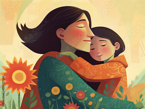 Illustration about Mother's Day, mother holds her son in her arms, mom portrayed as a superhero photo