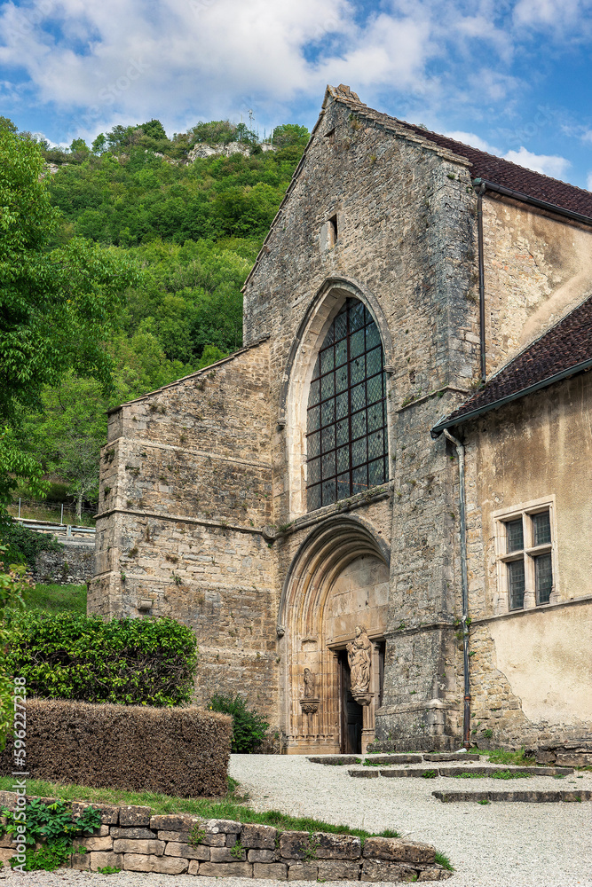 THE ABBEY of SAINT-PIERRE-DE-BEAUME GENTLEMEN in the small village of Beaume-le-Monsieur. Jura, France, Europe.