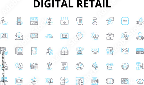 Digital retail linear icons set. E-commerce, Omnichannel, Personalization, Mobile, AI, Virtual, Augmented vector symbols and line concept signs. Social,Analytics,Cybersecurity illustration