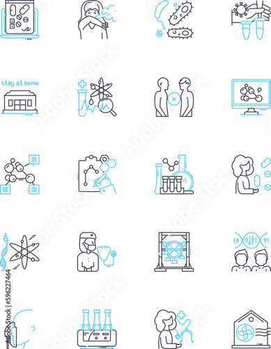 Epidemic linear icons set. Contagion, Outbreak, Infection, Pandemic, Disease, Isolation, Quarantine line vector and concept signs. Plague,Health,Transmission outline illustrations