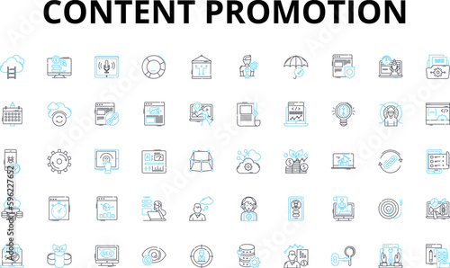 Content promotion linear icons set. Outreach, Visibility, Engagement, Promotion, Amplification, Distribution, Ads vector symbols and line concept signs. Social,Marketing,Influencers illustration