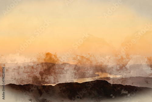 Digital watercolour painting of Stunning Winter dawn landscape view from Red Screes in Lake District looking South towards Windermere with colorful vibrant sky