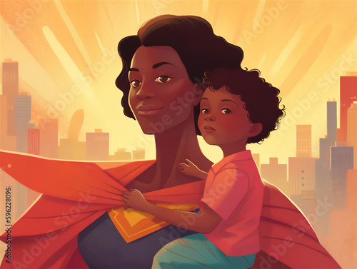 Illustration about Mother's Day, mother holds her son in her arms, mom portrayed as a superhero photo