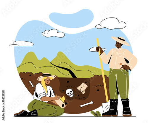 Archaeological excavation concept. Woman with bones in her hands and man with shovel investigating. Paleontology and history. Fossil and find, dinosaur skeleton. Cartoon flat vector illustration