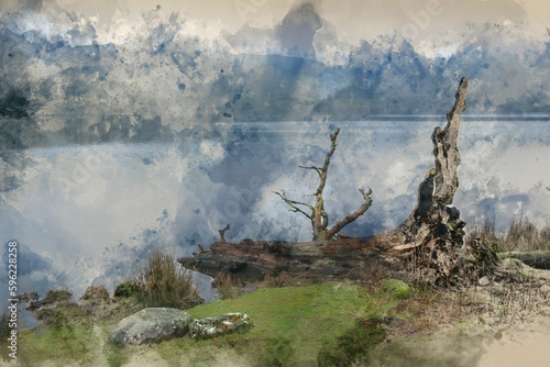 Wallpaper Mural Digital watercolour painting of Beautiful peaceful Winter landscape image of Loughtrigg Tarn on misty morning with calm water and foggy countryside in the background Torontodigital.ca