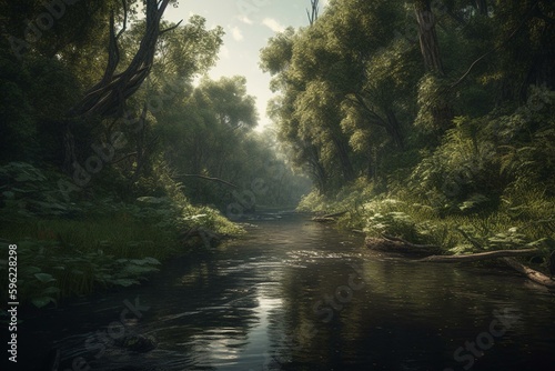 A realistic painting of a tranquil forest river, surrounded by lush greenery and mystical clouds. Generative AI