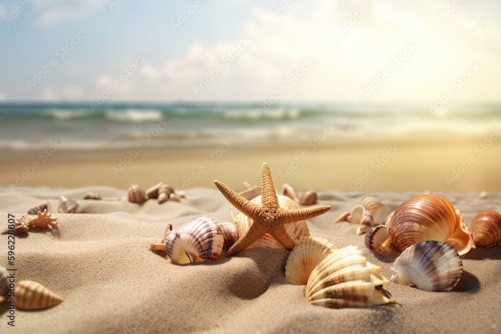 Beautifull shells on the sand beach. Generative AI Beautifull shells on the sand beach. Generative AI