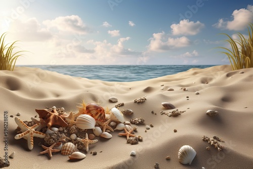 Beautifull shells on the sand beach. Generative AI