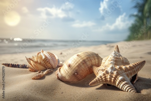 Beautifull shells on the sand beach. Generative AI