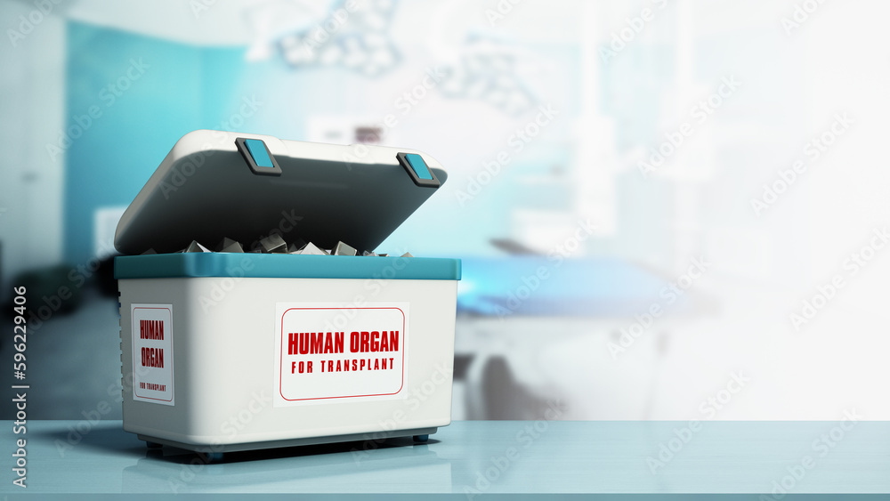 Human organ transport box in the operating room. With copy space. 3D ...