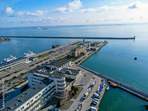 Aerial view landscape Poland Gdynia. View of the Baltic Sea  harbor  marina  ships and yachts.