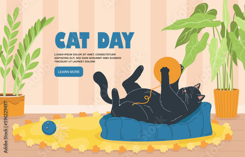 Cat day banner. Black kitten lies on pillow and plays with yellow wool ball. International holiday 8 August. Lazy pet or domestic animal. Landing page design. Cartoon flat vector illustration
