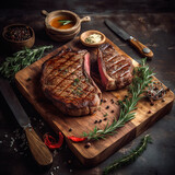 juicy grilled steak with herbs and spices on rustic cutting board. Barbecue