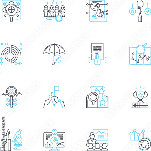 Inspection linear icons set. Evaluation, Verification, Audit, Assessment, Testing, Analysis, Examination line vector and concept signs. Scrutiny,Appraisal,Review outline illustrations photo
