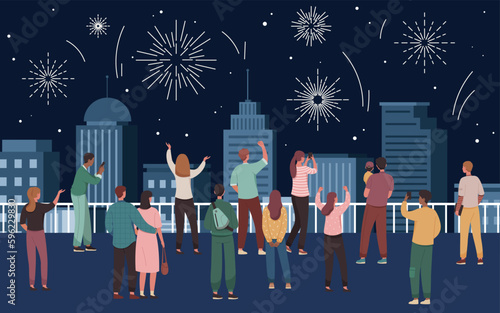 Celebration firework concept. Men and women stand on bridge and look at night sky with flashes and explosions. Holiday and festival. Party at city or town. Cartoon flat vector illustration