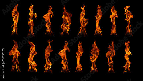 Includes burning flames for graphic design purposes. Flames on a black background.