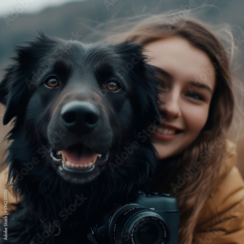 happy dog with its beautiful owner modeling real 8k best quality IA generativa photo