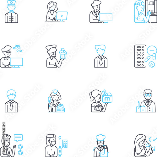 Personas linear icons set. Identity, Archetypes, Demographics, Characteristics, Behavior, Attitude, Mindset line vector and concept signs. Personality,Emotions,Goals outline illustrations