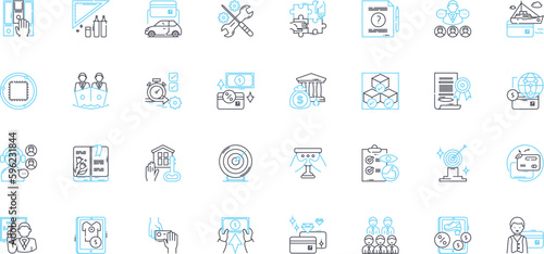 Working environment design linear icons set. Ergonomics, Ambience, Productivity, Sustainability, Collaboration, Flexibility, Creativity line vector and concept signs. Efficiency,Comfortability