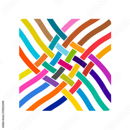 Strands of fibre weaved together. Clothing fibres in various colors. Details of a fabric or cloth. Vector template