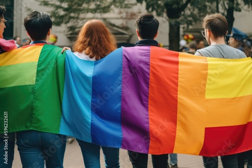 People holding a rainbow flag. LGBT Pride Month generative ai