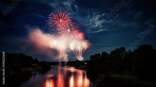 red, white, and blue independence day fireworks over the river at night, generative ai