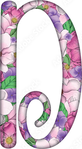 English alphabet letter d with floral background, vector illustration.