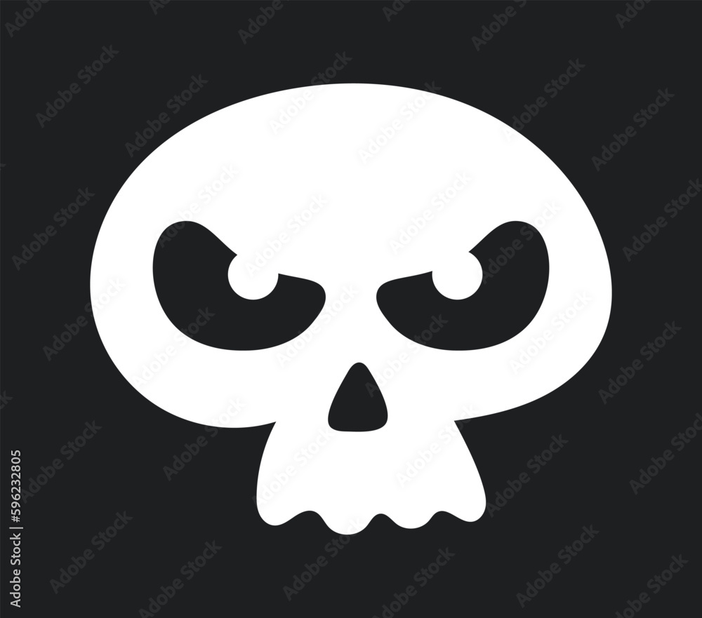 Cute white skull icon. Evil head from skeleton. Symbol of Halloween and Day of Dead. Design element for invitation and greeting card for international holiday. Cartoon flat vector illustration Cute white skull icon. Evil head from skeleton. Symbol of Halloween and Day of Dead. Design element for invitation and greeting card for international holiday. Cartoon flat vector illustration
