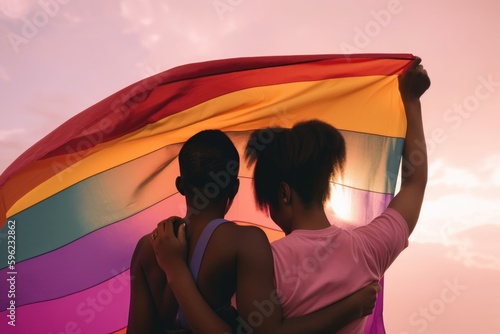 People holding a rainbow flag. LGBT Pride Month generative ai photo