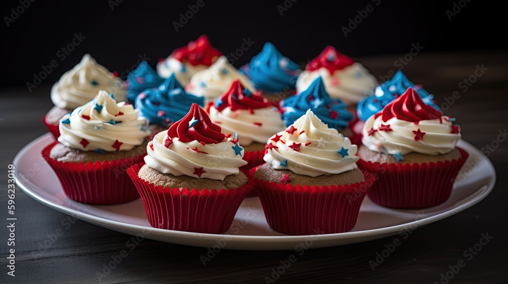 Red, white, and blue cupcakes on a plate, USA independence day, 4th of July, generative ai Red, white, and blue cupcakes on a plate, USA independence day, 4th of July, generative ai