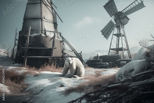 Polar bear stranded on ice, windmill in background. Generative AI