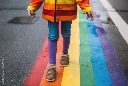 Little girl walking on a rainbow flag drawn on asphalt.LGBT Pride Month generative ai 