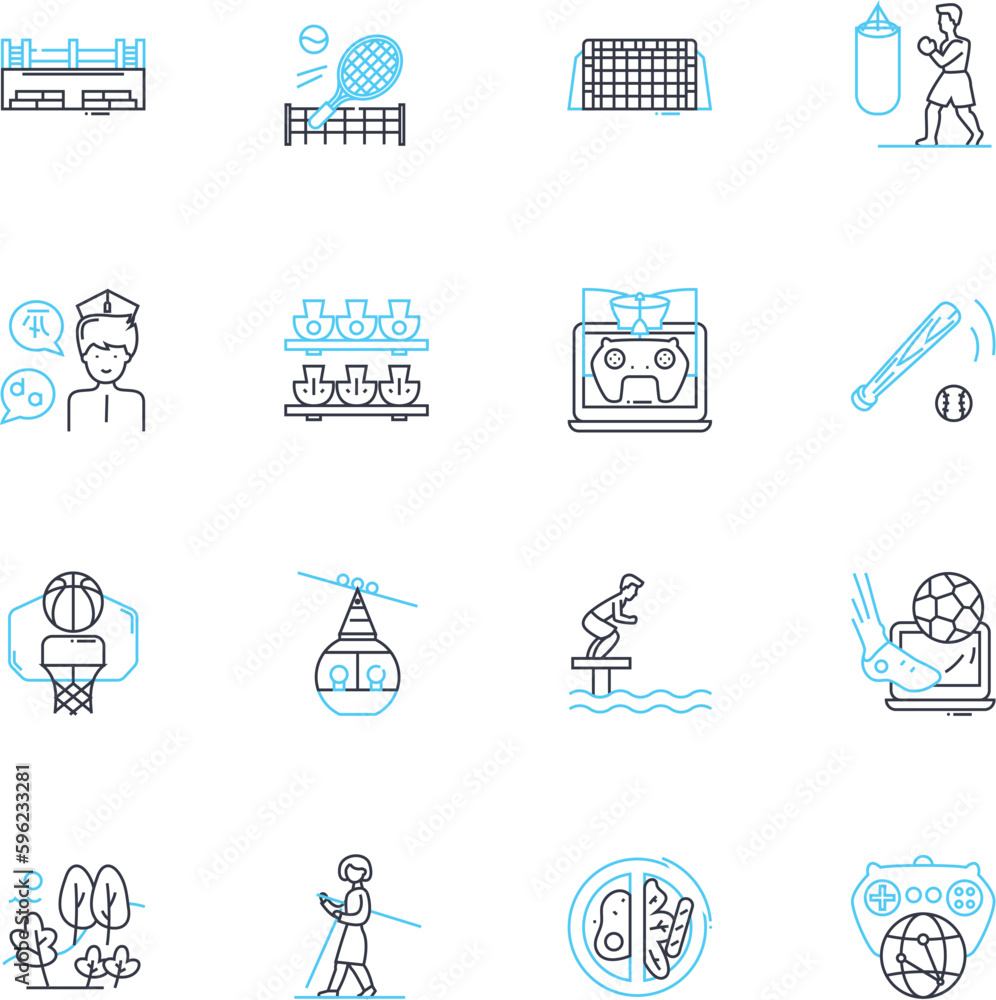Summer camp linear icons set. Adventure, Nature, Friendship, Exploration, Campfire, Water sports, Wilderness line vector and concept signs. Archery,Teamwork,Horseback riding outline illustrations Summer camp linear icons set. Adventure, Nature, Friendship, Exploration, Campfire, Water sports, Wilderness line vector and concept signs. Archery,Teamwork,Horseback riding outline illustrations