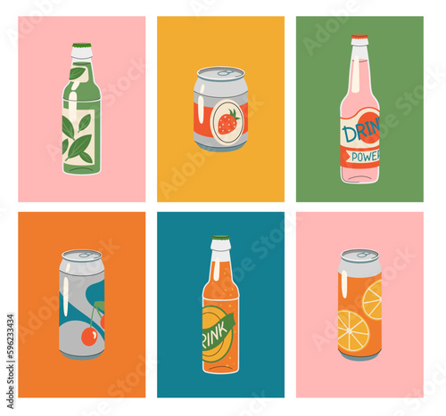 Drinks retro posters set. Collection of refreshing cold drinks in cans and glass bottles. Soda or juice. Advertising and marketing. Cartoon flat vector illustrations isolated on white background
