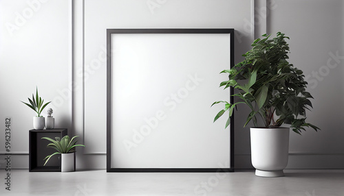 Monochrome Interior with Empty Square Frame Mockup generative AI © Jacek