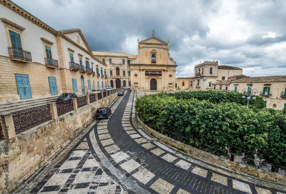 Palazzo Vescovile and Holy Saviour Church in historic part of Noto city, Sicily in Italy