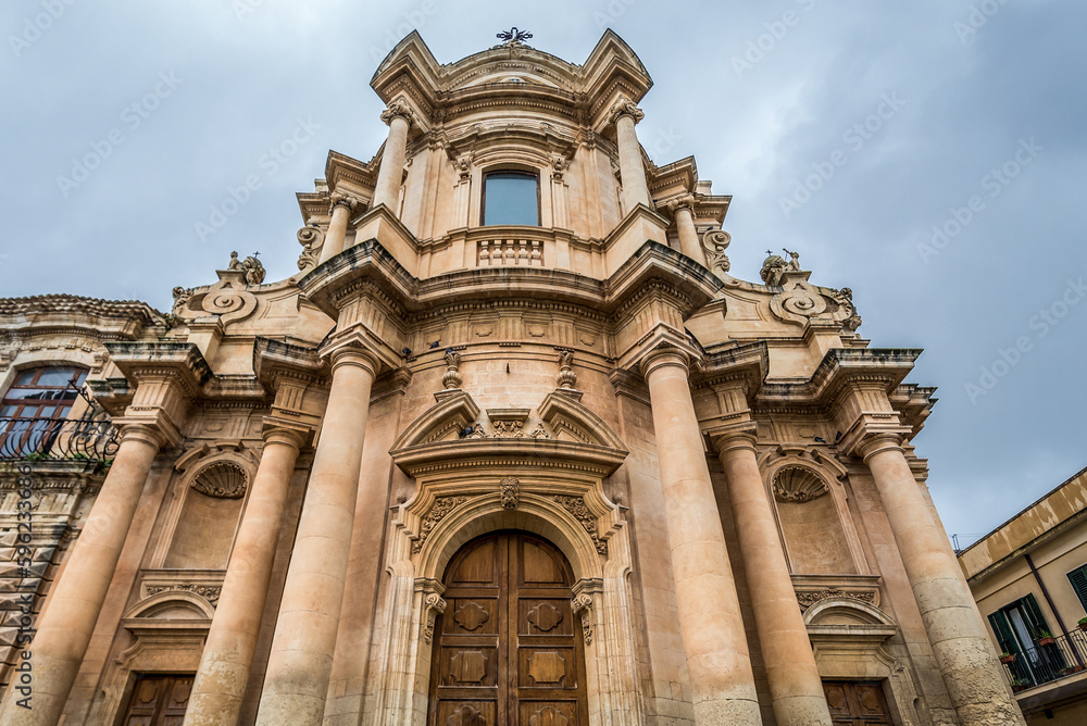 Facade of St Dominic Church in historic part of Noto city, Sicily in Italy