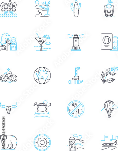 Rural retreat linear icons set. Serene, Peaceful, Tranquil, Relaxing, Scenic, Secluded, Cozy line vector and concept signs. Comfortable,Calming,Rustic outline illustrations