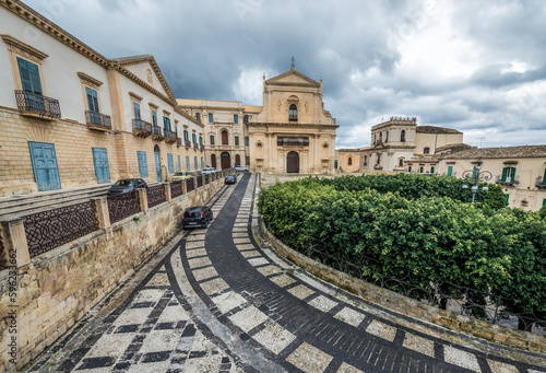 Palazzo Vescovile and Holy Saviour Church in historic part of Noto city, Sicily in Italy