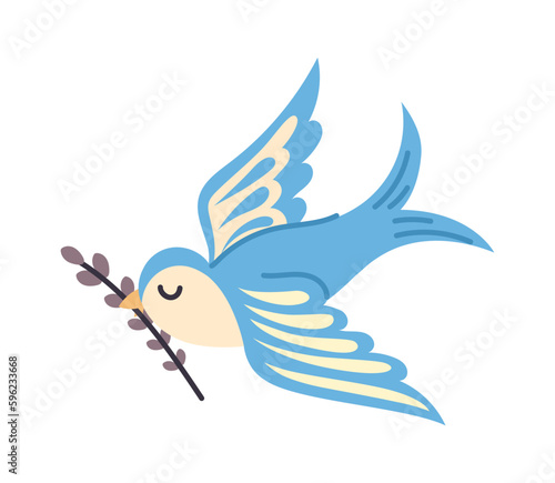 Blue bird with branch. Feathered animal with plant in its beak flies. Sticker for social networks and messengers. Biology and ornithology. Nature and wild life. Cartoon flat vector illustration
