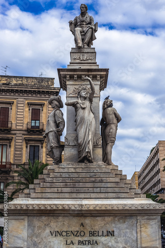 Base sculpture of Vincenzo Bellini monument in historic part of Catania city  Sicily Island  Italy