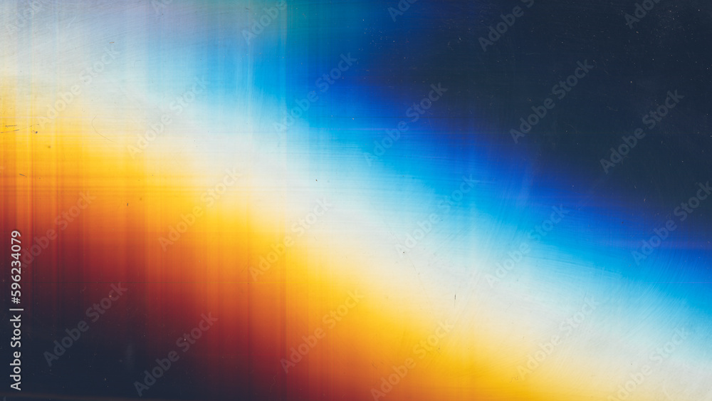 Color noise. Old film. Grunge overlay. Orange blue white rainbow glow dust scratches stains on dark black illustration abstract empty space background.