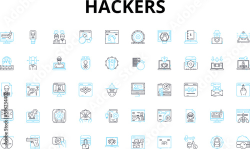 Hackers linear icons set. Cybercriminals, Intruders, Crackers, Hacktivists, Black hats, White hats, Rogue vector symbols and line concept signs. Spies,Cyberpunks,Phreakers illustration