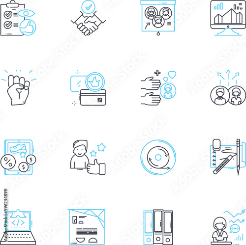 Corporation linear icons set. Incorporation, Organization, Enterprise, Company, Business, Corp, Firm line vector and concept signs. Entity,Industry,Stock outline illustrations