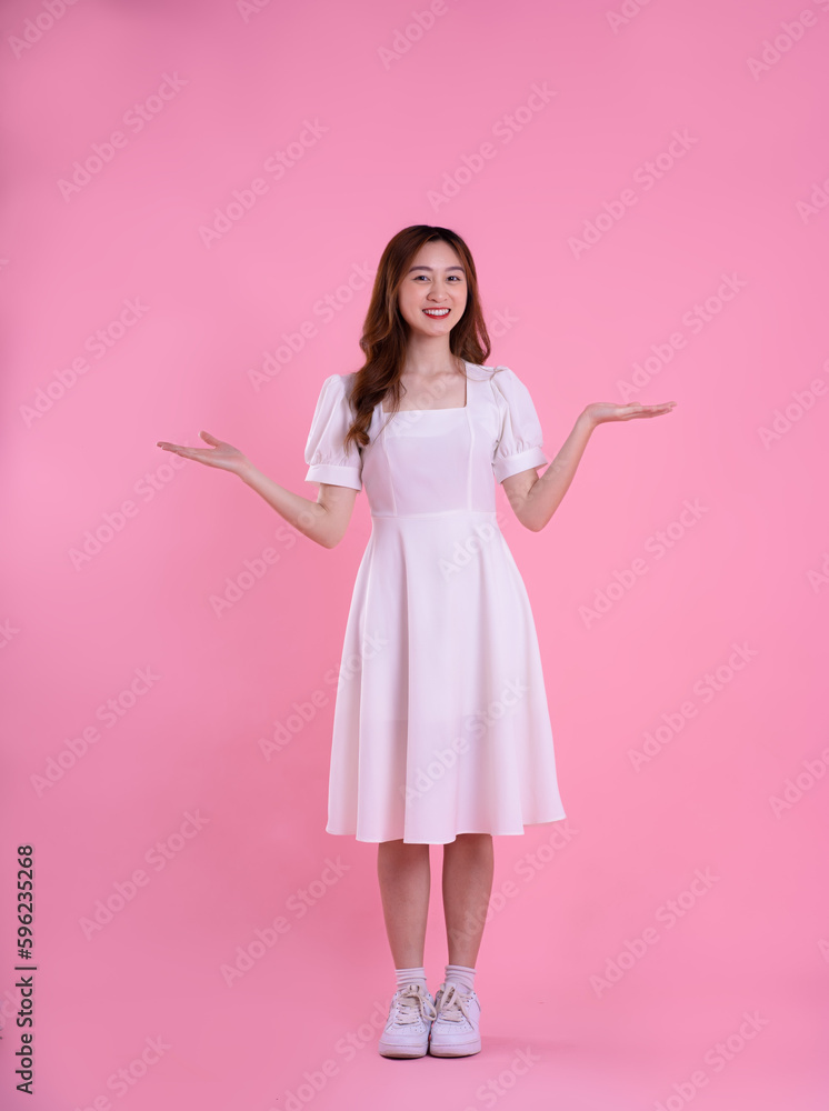 full body image of asian businesswoman using laptop on pink background full body image of asian businesswoman using laptop on pink background