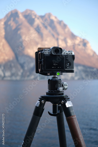 Mirrorless camera and long exposure photography with graduated, neutral and polarizer filters and sturdy tripod photo