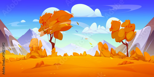 Autumn mountain valley landscape illustration cartoon vector illustration. Beautiful and wild fall nature scenery environment for expedition trip in Canada. Sunny weather with birds flying in sky