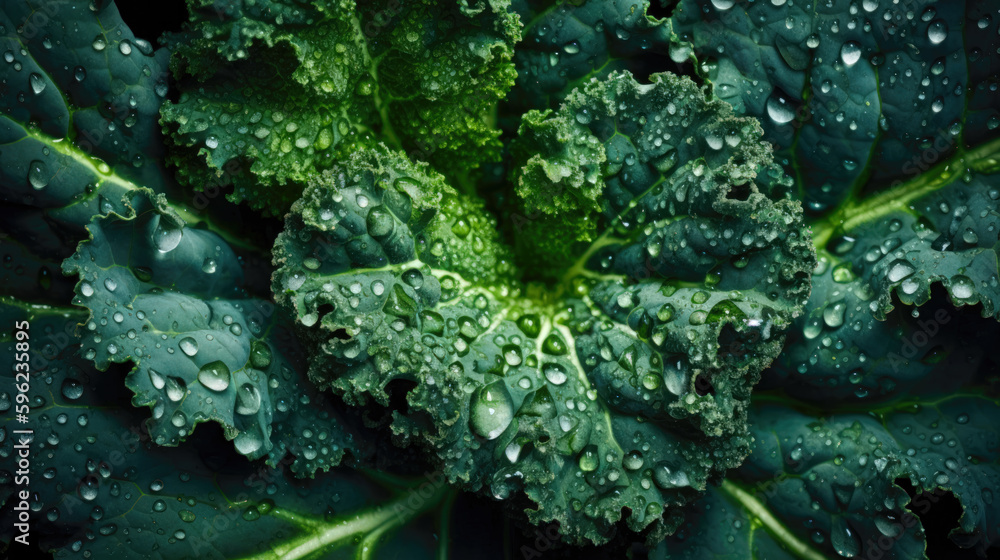close up of fresh green kale leaves with water droplets. close up of fresh green kale leaves with water droplets.